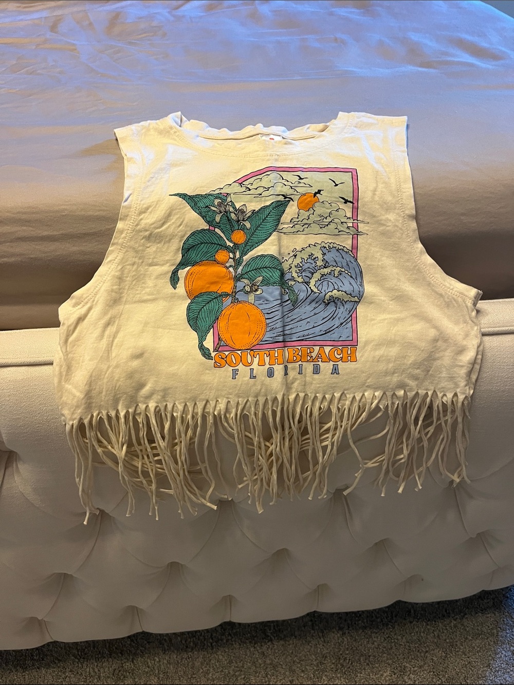 South Beach Graphic Fringe Crop Tank - White